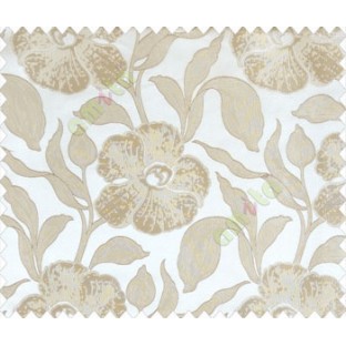 Large beige brown leaf and big flower with embossed look on half white cream shiny fabric main curtain